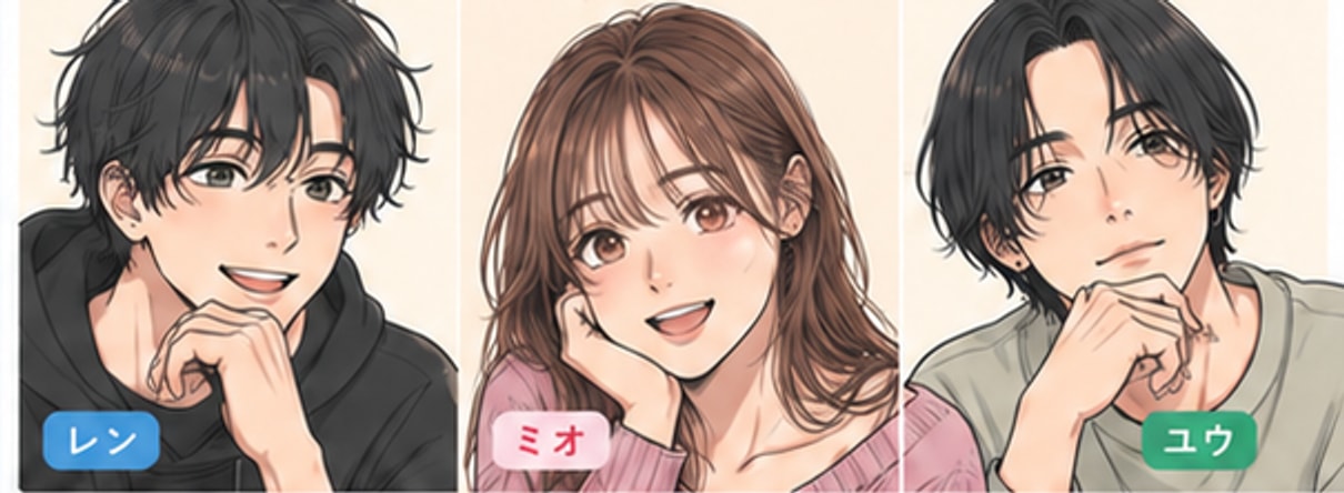 漫画版の架空キャラクター、レン、ミオ、ユウ